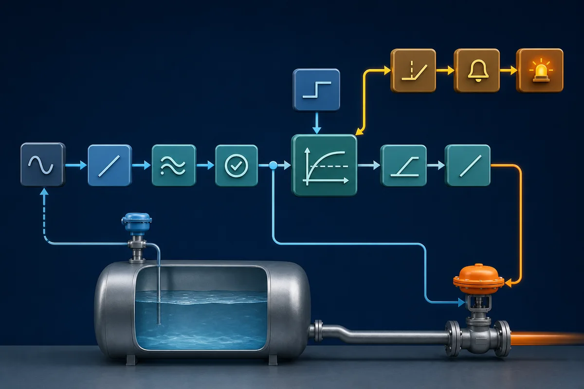 Function Block Diagram signal path combining start feedback, inverted stop and inverted overload conditions into a motor run request.