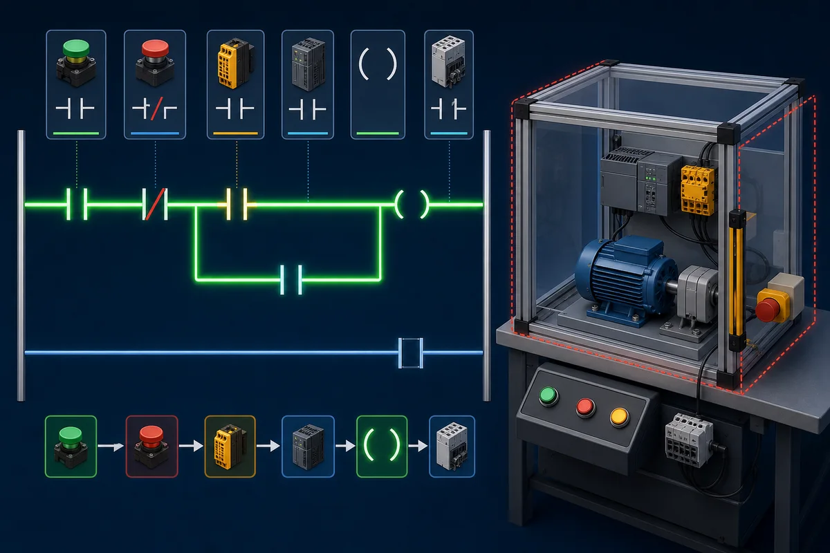 Motor start-stop Ladder Diagram showing stop and overload conditions ahead of a start and seal-in branch.