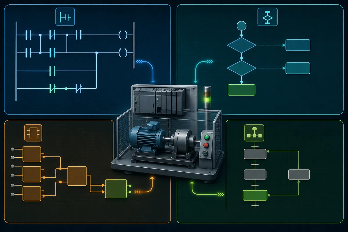 The same industrial motor start stop sequence represented in ladder logic, structured text and function block programming