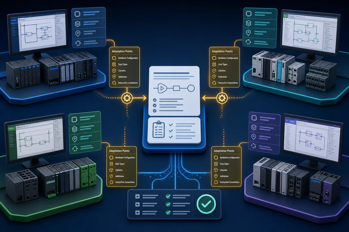 PLC program organization comparison separating transferable IEC control concepts from Siemens and Rockwell project-specific containers.