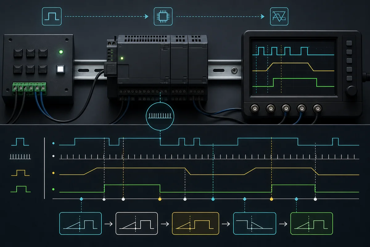 PLC timer boundary test bench with controlled input stimulus, scan observation, timer execution, output capture, and aligned timing traces