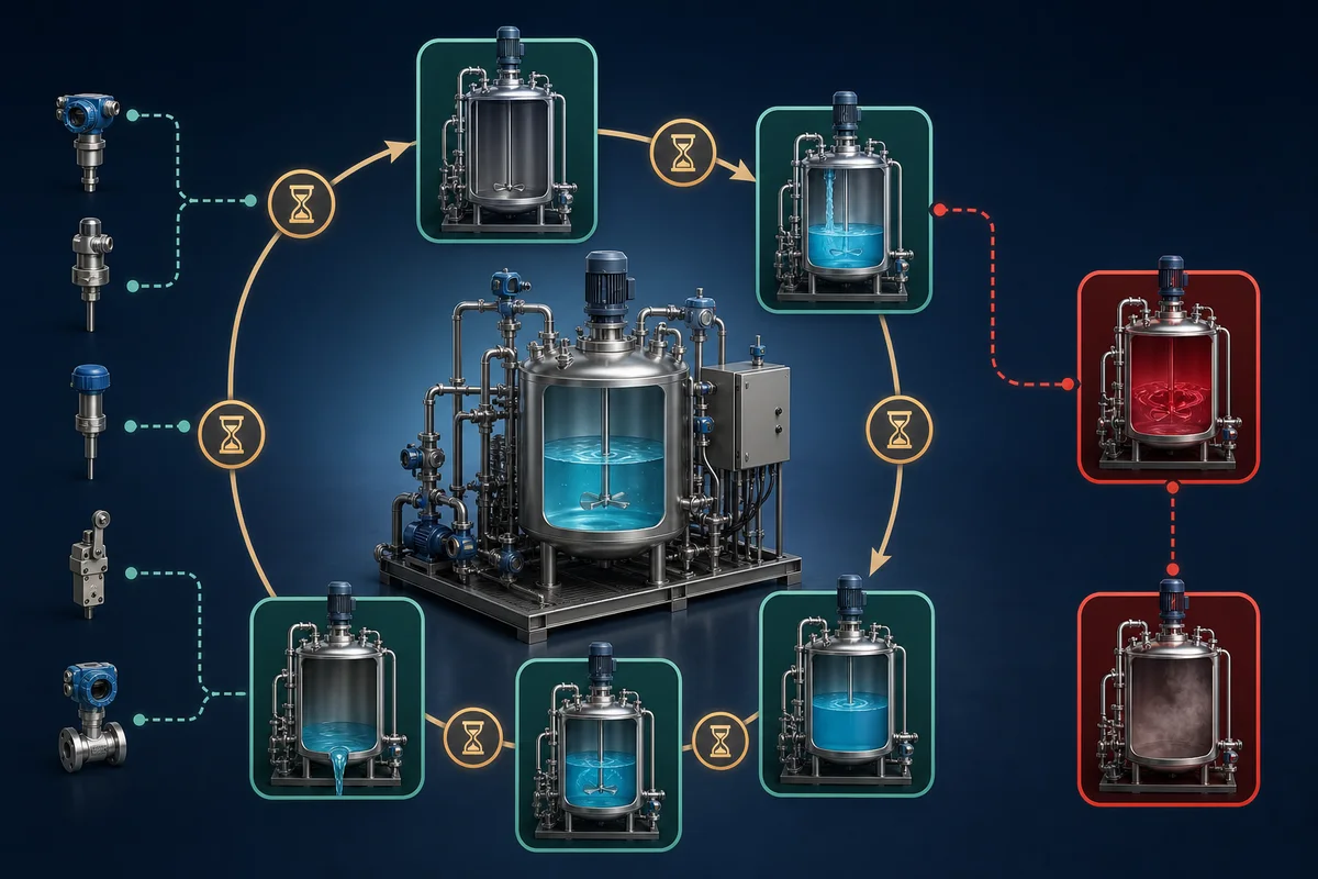 Batch process state machine moving through idle, fill, settle, mix, drain, and fault recovery with timers and sensors as separate transition conditions