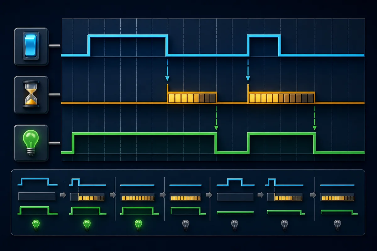 TOF off-delay timer timing sequence showing immediate output, delayed deactivation, and re-enable behavior during the timing interval
