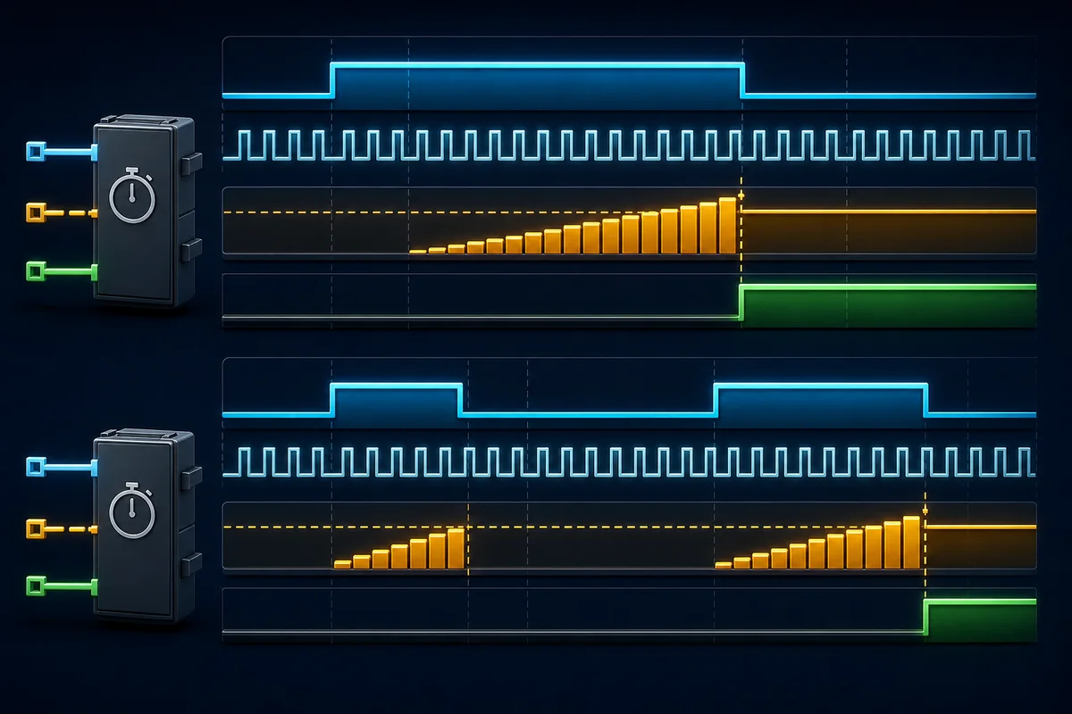 TON on-delay timer timing sequence showing enable, scan progression, accumulated time, delayed output, and reset before completion