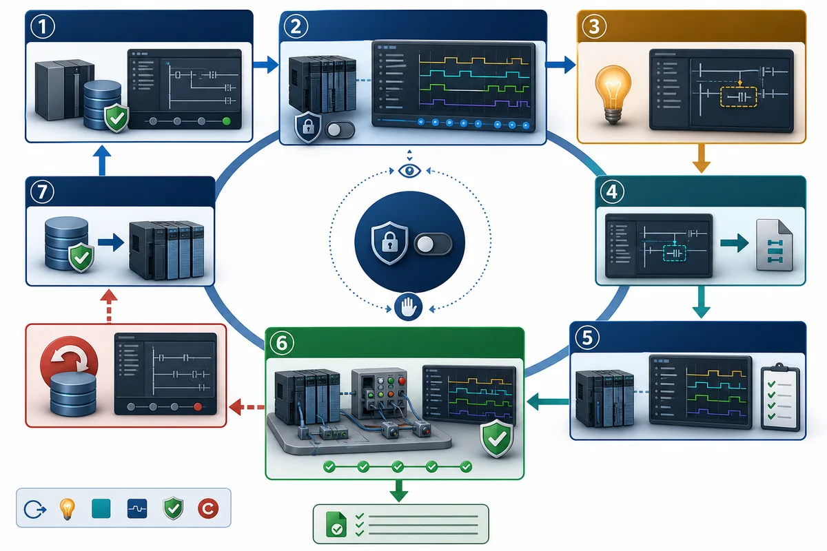 Controlled PLC debugging loop with known-good backup, online observation, one hypothesis, one tested change, verification evidence, and rollback path