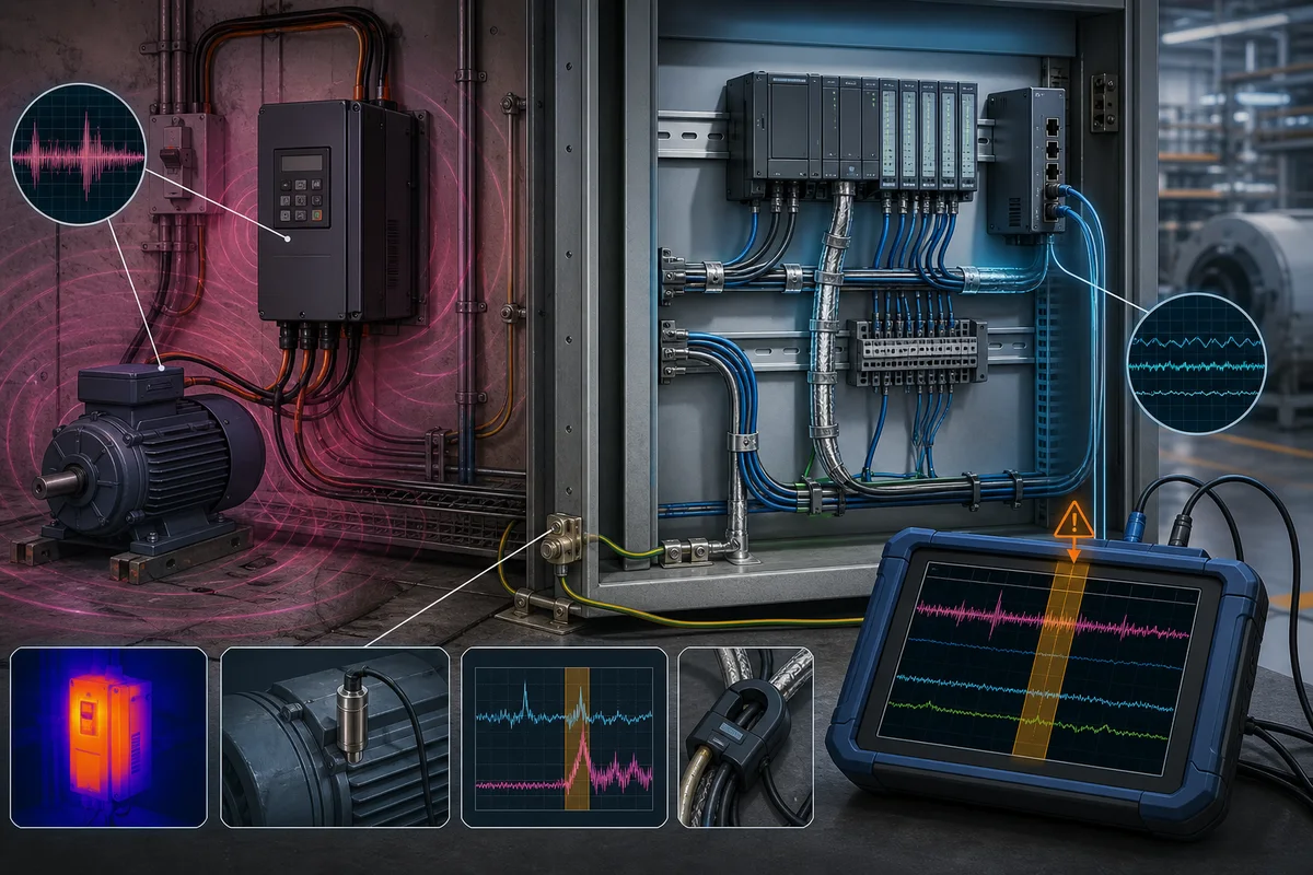 Intermittent PLC fault investigation correlating drive activity, motor-cable routing, shielded signal paths, temperature, vibration, and captured event traces