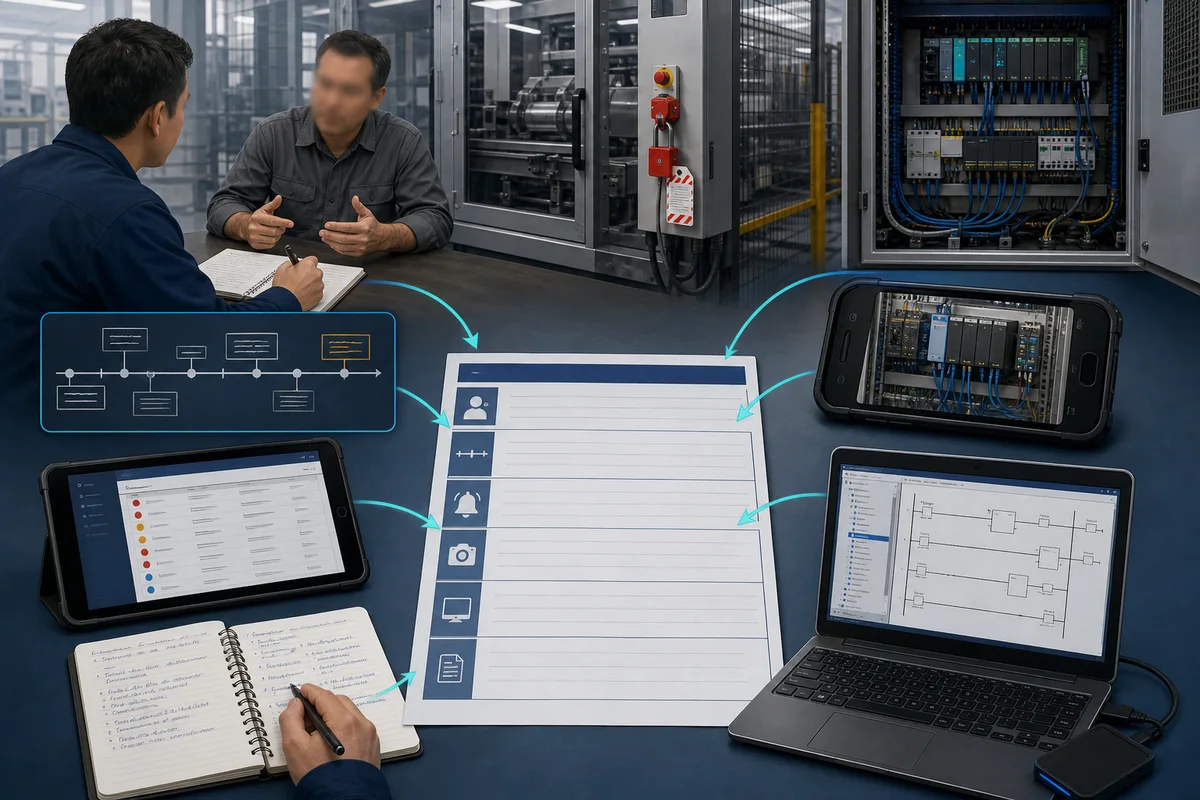 PLC technician preserving operator observations, alarm history, cabinet status, signal traces, and the known-good project before making changes