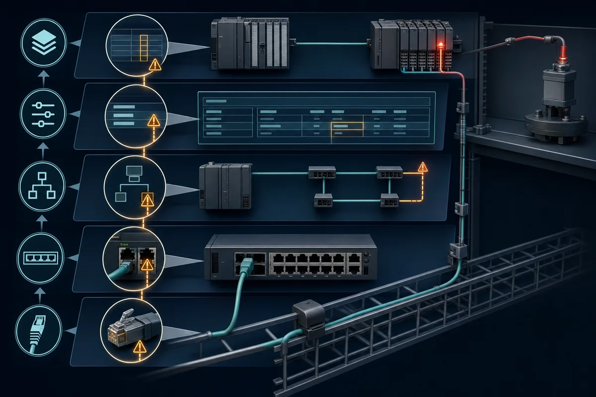 Technician isolating a PLC network fault across power and cabling, link state, addressing, protocol status, and application data