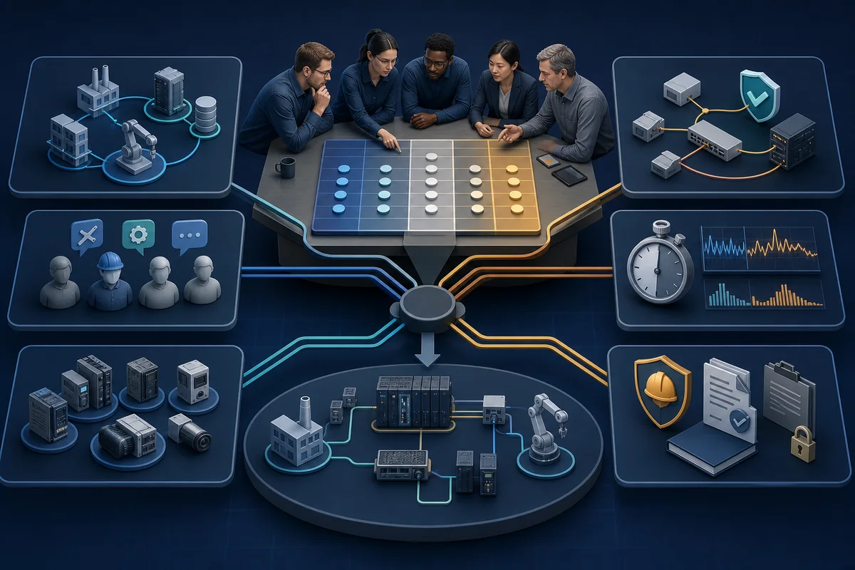 Engineering team weighing installed ecosystem, support skills, devices, topology, timing evidence, and certification obligations for an industrial network