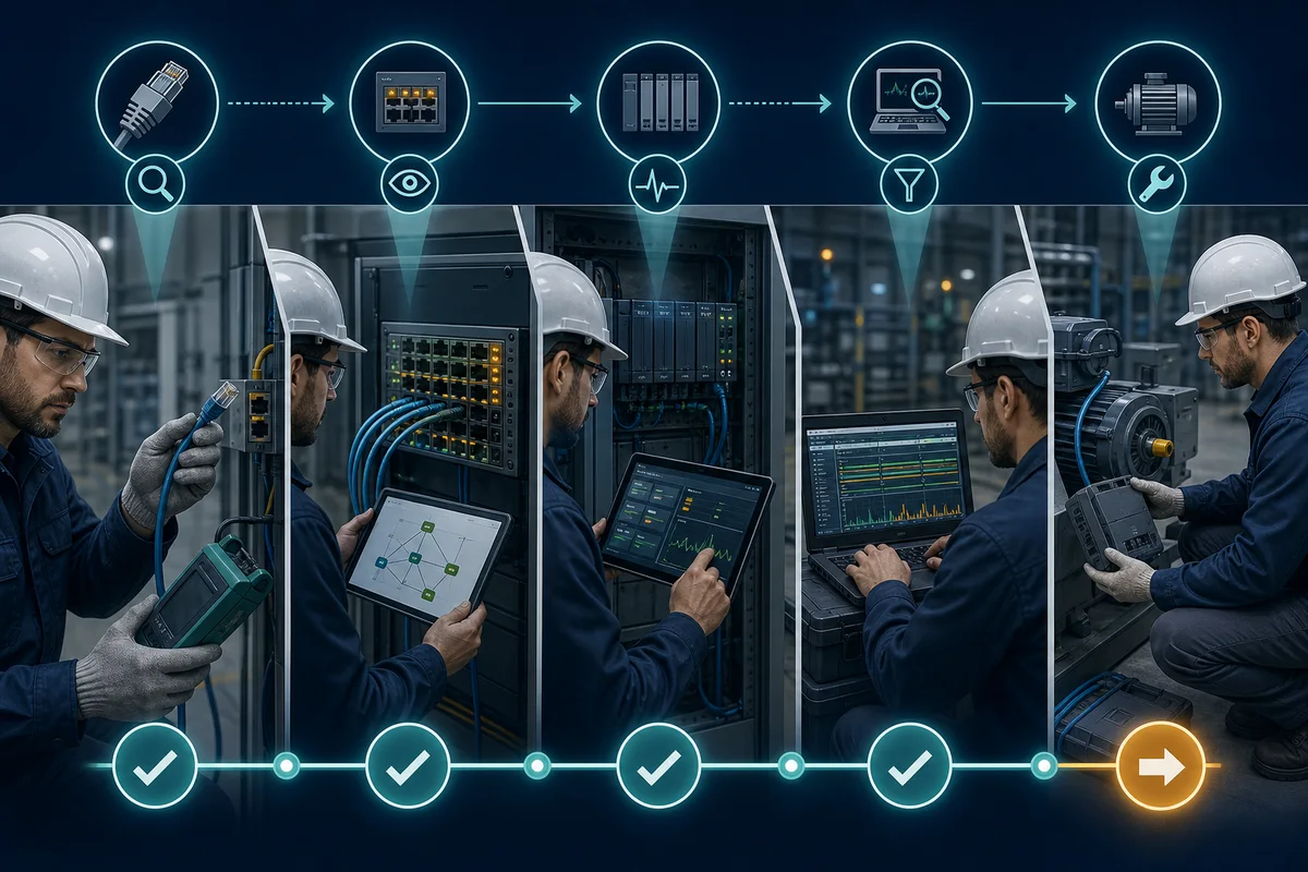 Industrial Ethernet troubleshooting sequence from connector and switch-port checks through controller diagnostics, packet capture, and device isolation