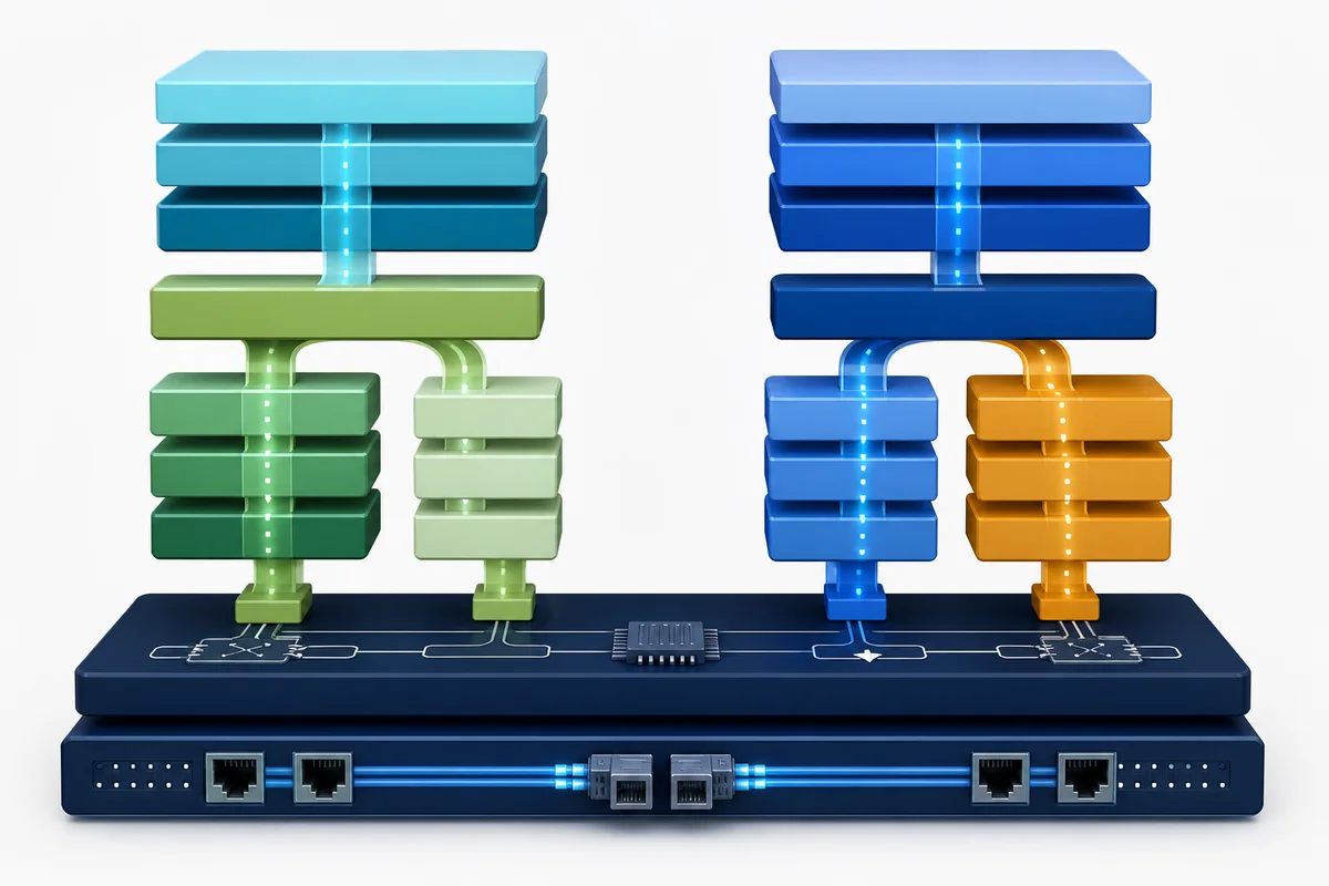 Layered comparison of PROFINET and EtherNet/IP application paths sharing an IEEE 802.3 industrial Ethernet foundation