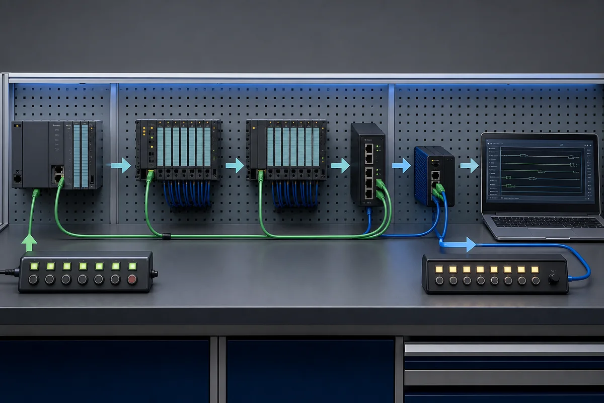 Reproducible industrial Ethernet test bench with controlled input stimulus, controller, switch, remote I/O, synchronized capture, and output observation