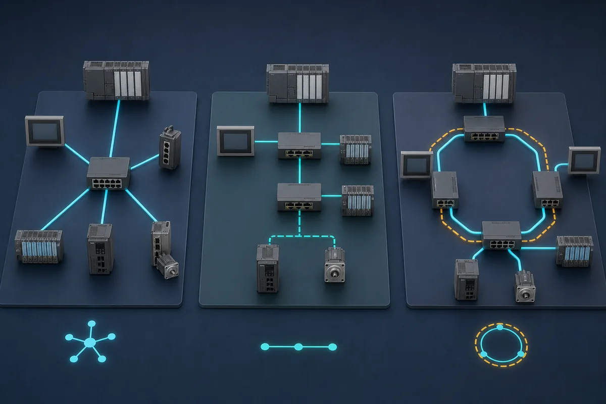Star, line, and ring industrial Ethernet topologies using generic controllers, switches, remote I/O, drives, and operator panels
