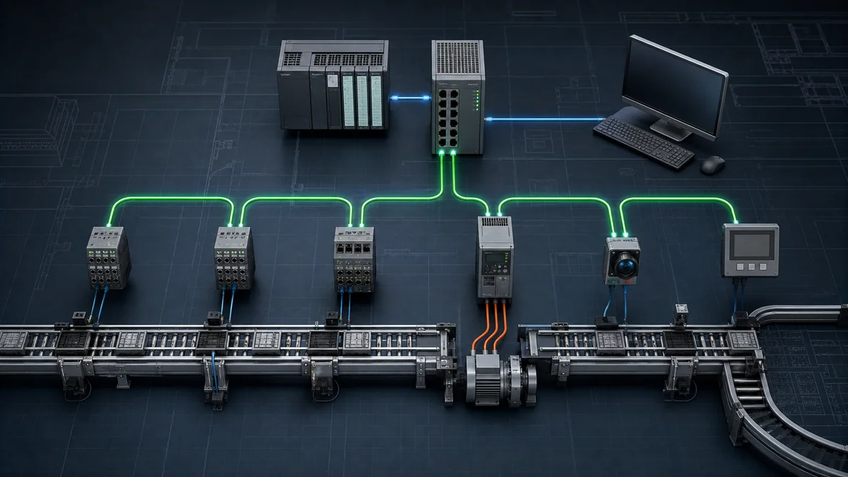 Generic PROFINET factory topology linking a PLC, distributed I O, drive, HMI, engineering station, and plant information boundary