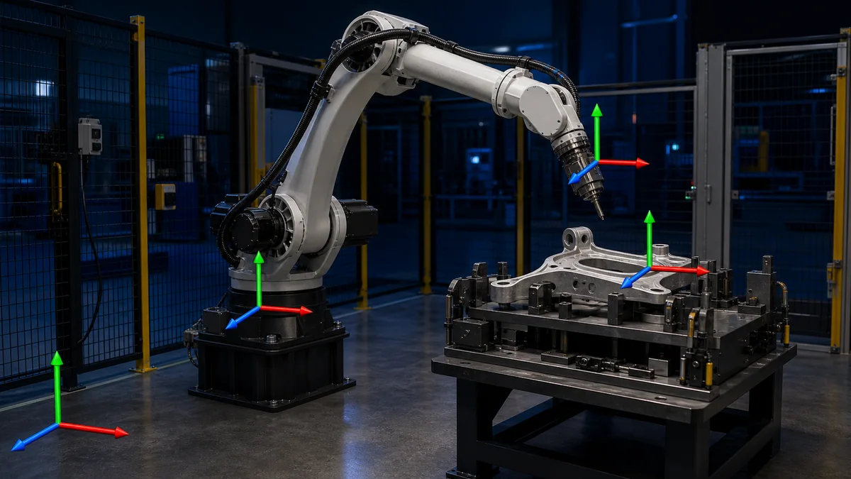 Industrial robot with visible world, base, tool and workpiece coordinate-frame axes around a fixture