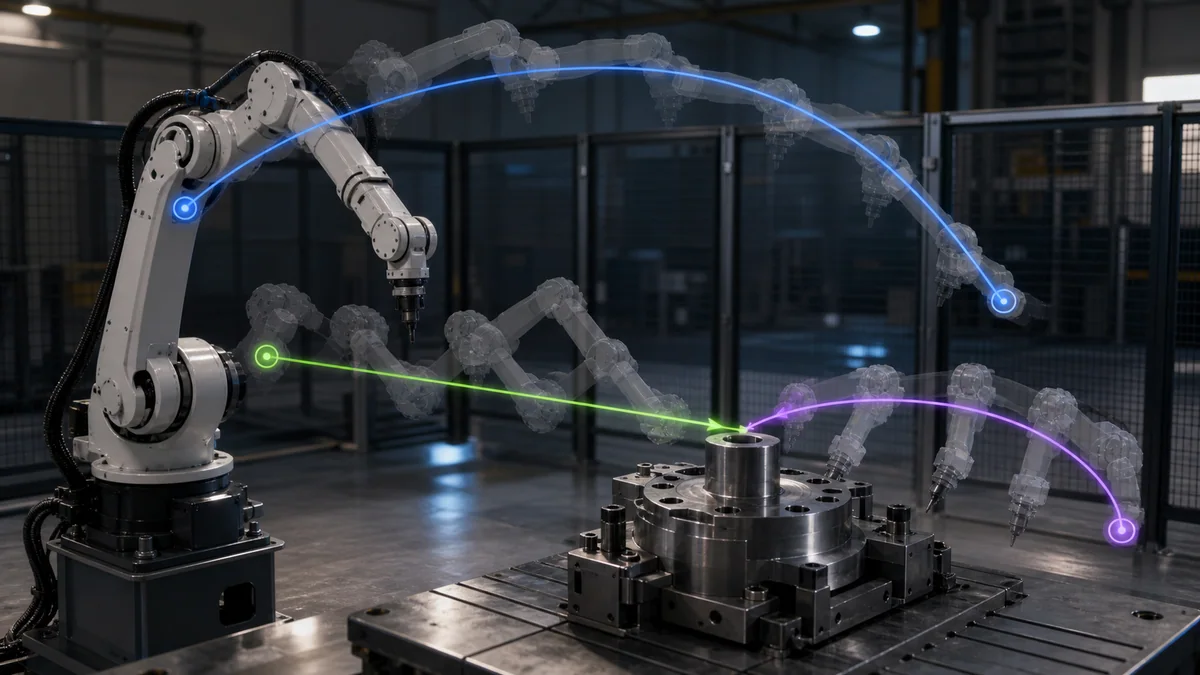 Generic industrial robot following joint, linear, and coordinated motion paths while a controller records position and timing traces