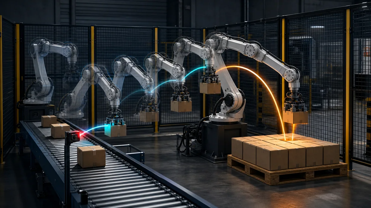 Editorial pick-and-place robot cycle with ghosted poses from conveyor sensing and box pickup through transit to pallet placement inside a guarded cell