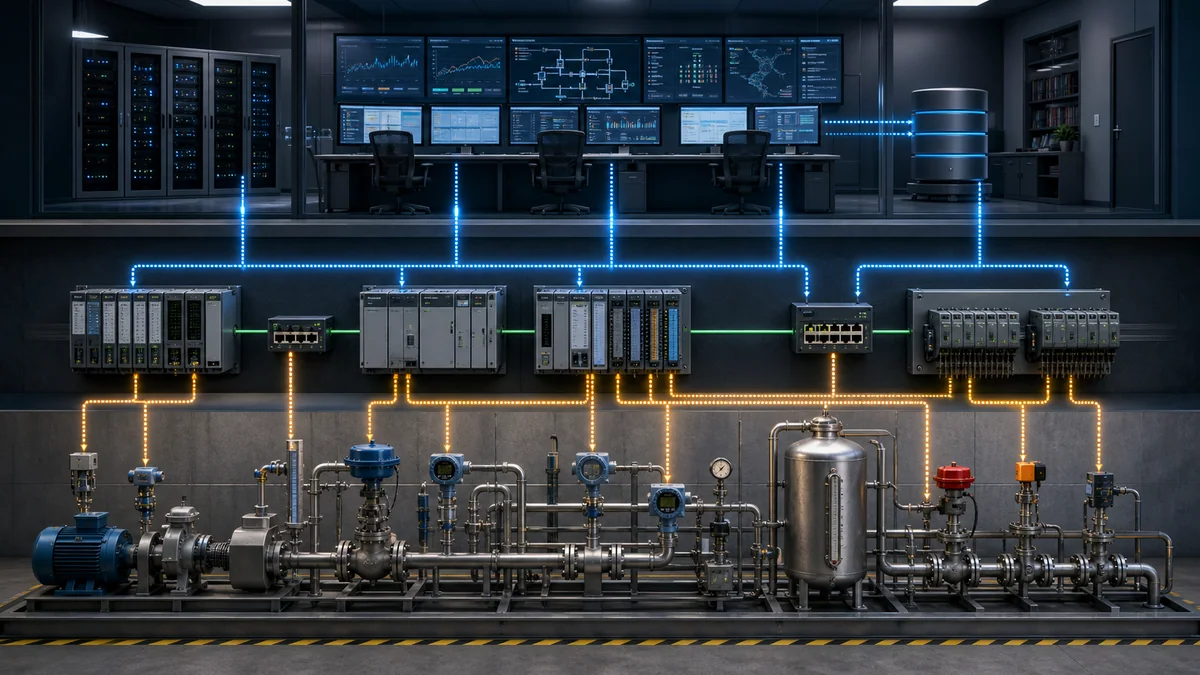Layered industrial automation architecture connecting field devices, PLCs, HMI stations, SCADA servers and a historian
