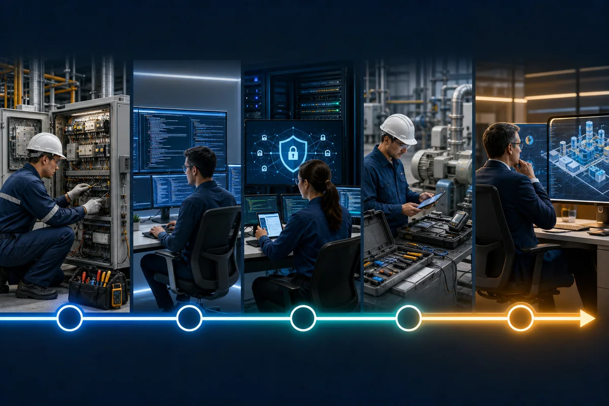Five SCADA career scopes from field controls and software development to OT networking, technical service, and system architecture