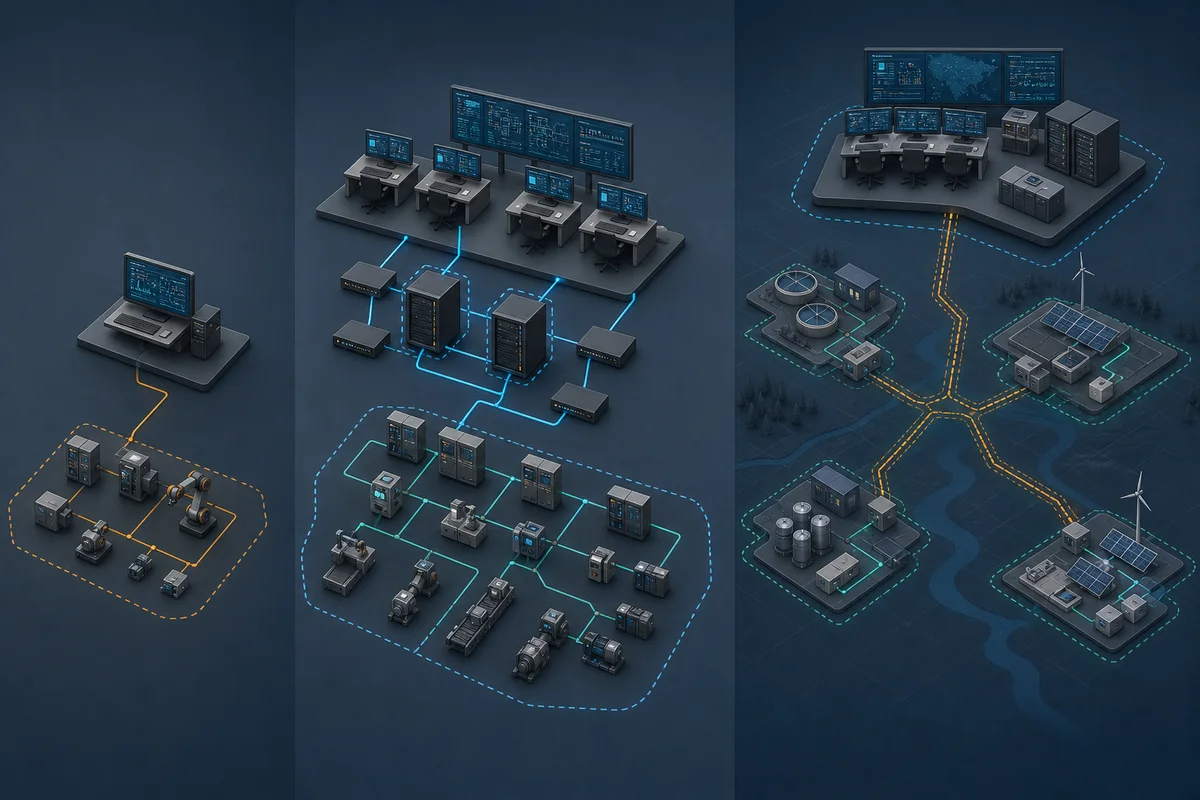 Three SCADA deployment patterns for a supervised machine, redundant multi-client plant, and distributed remote-site infrastructure system