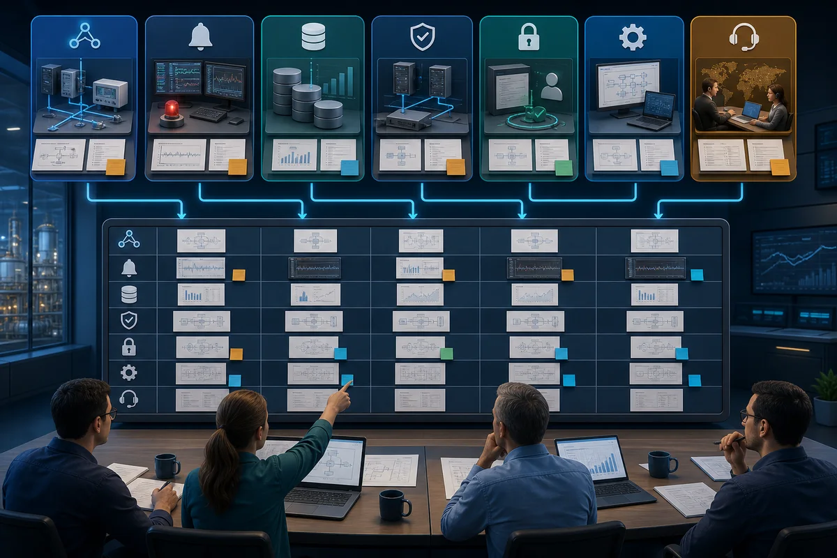 Engineering team comparing SCADA candidates using protocol, alarm, historian, redundancy, security, workflow, lifecycle, and support evidence