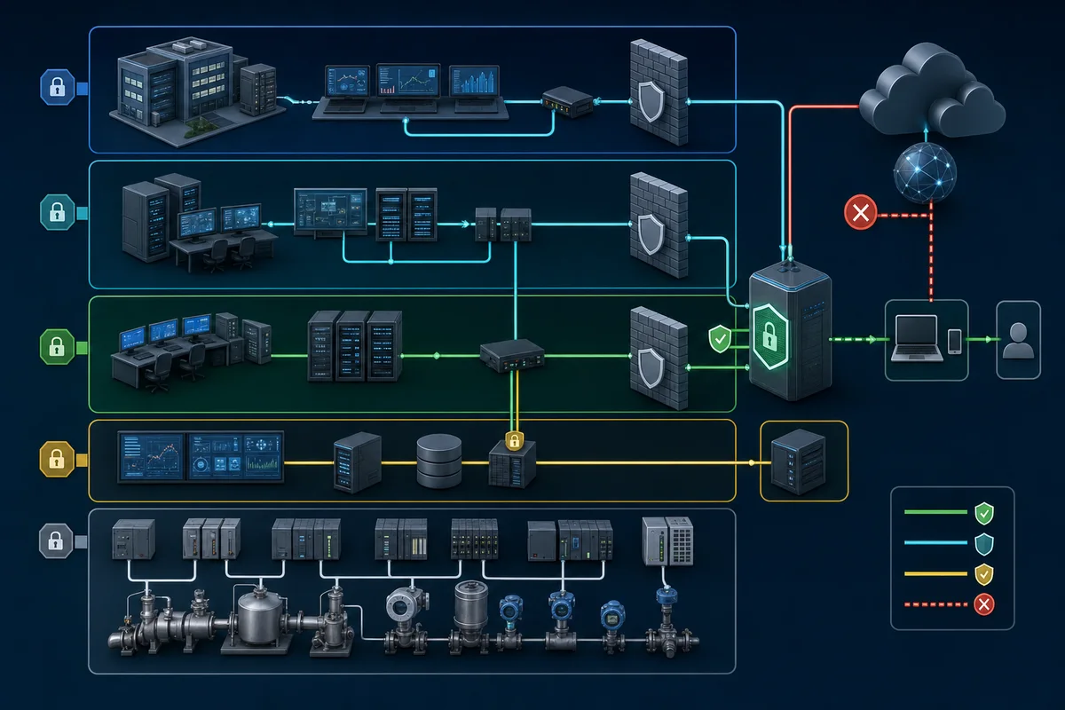 SCADA security zones separating field control, supervisory servers, engineering access, monitored remote access, backup, and enterprise connections