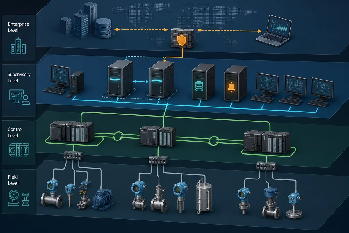 Vendor-neutral SCADA architecture linking field instruments and PLCs to segmented networks, redundant servers, historian, engineering, operator, and enterprise systems