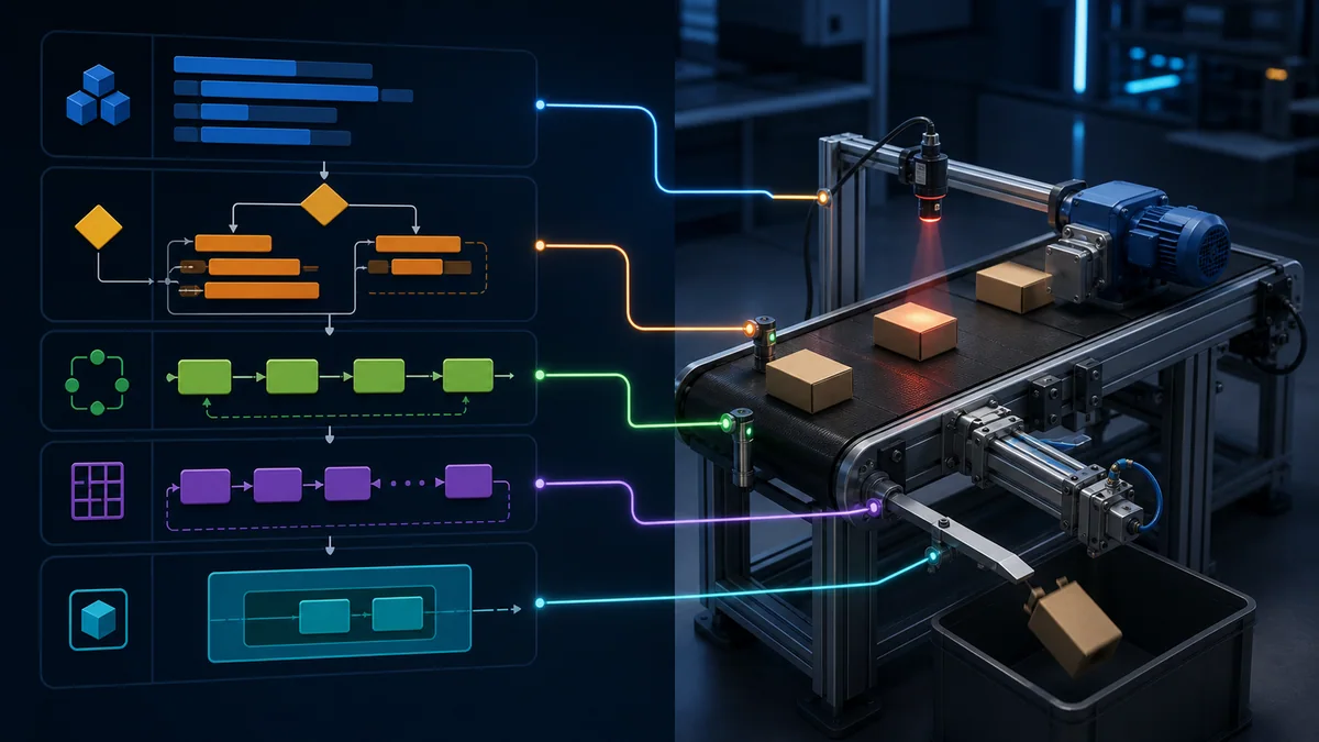 Generic structured text program flow connecting typed inputs, validation, sequence decisions, calculations, outputs, alarms, and diagnostics