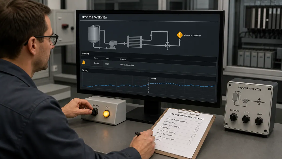 HMI acceptance test worksheet checking alarms, trends, roles, communication loss and evidence against requirements
