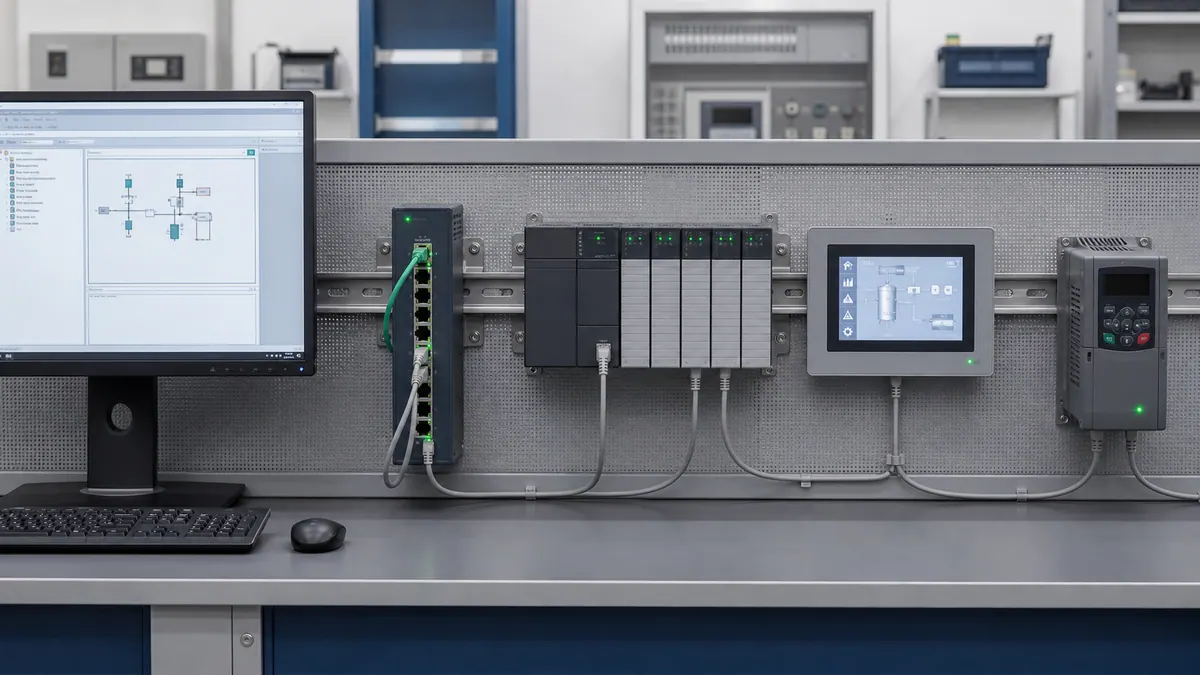 Generic HMI communications test bench connecting an engineering workstation through an industrial Ethernet switch to a PLC rack, operator panel, and drive.