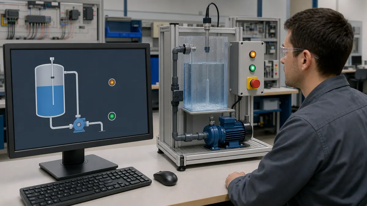HMI software test cell connecting a Logix controller, engineering workstation, operator runtime and recorded acceptance checks