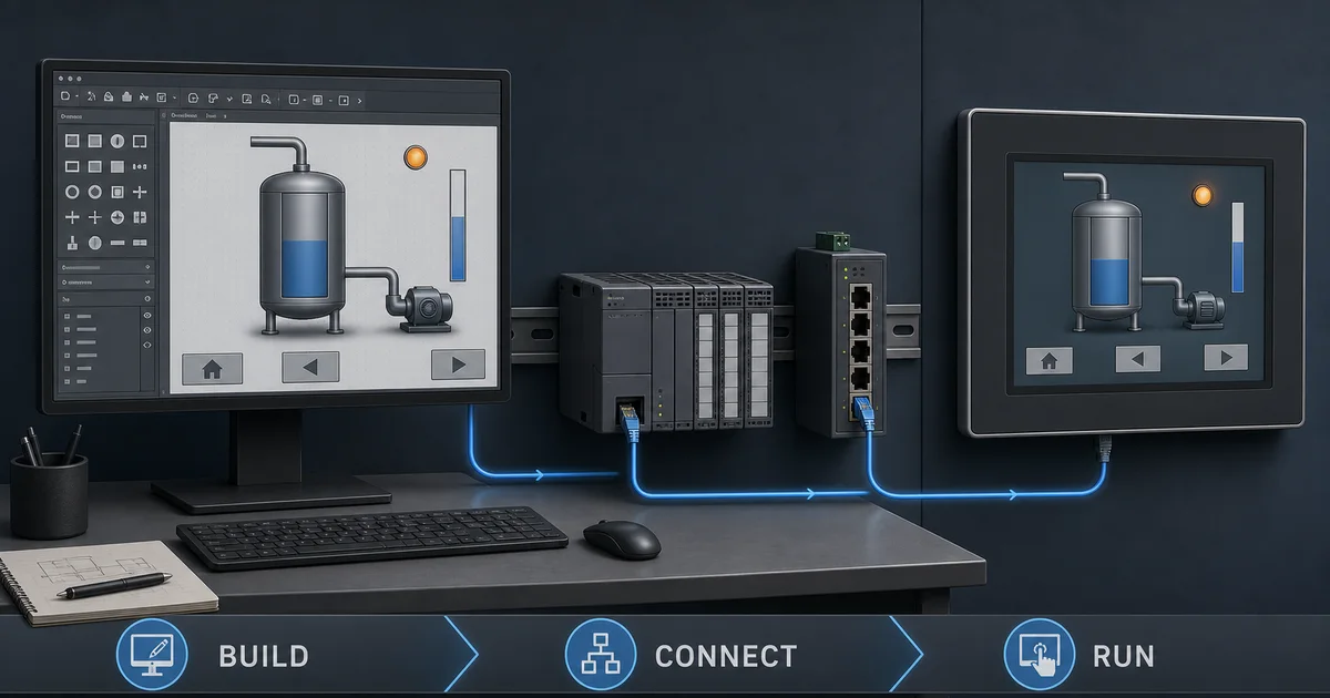 Editorial illustration of an HMI screen being designed on an engineering workstation, connected through a PLC and Ethernet switch to an operator panel.