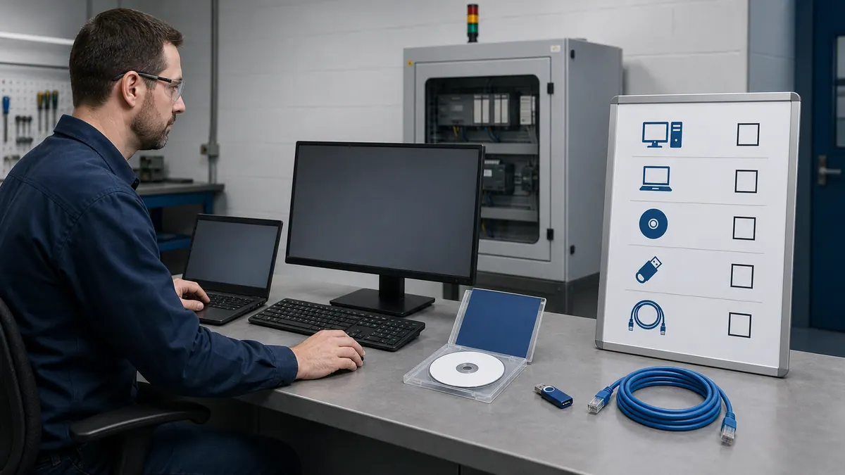 Automation engineer preparing an HMI engineering workstation with installation media, license device, network cable, and a pre-installation readiness checklist.