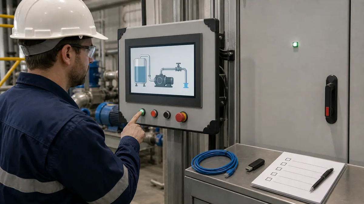 Automation technician commissioning a generic operator panel beside a closed PLC cabinet with service cable, backup device, and deployment checklist.