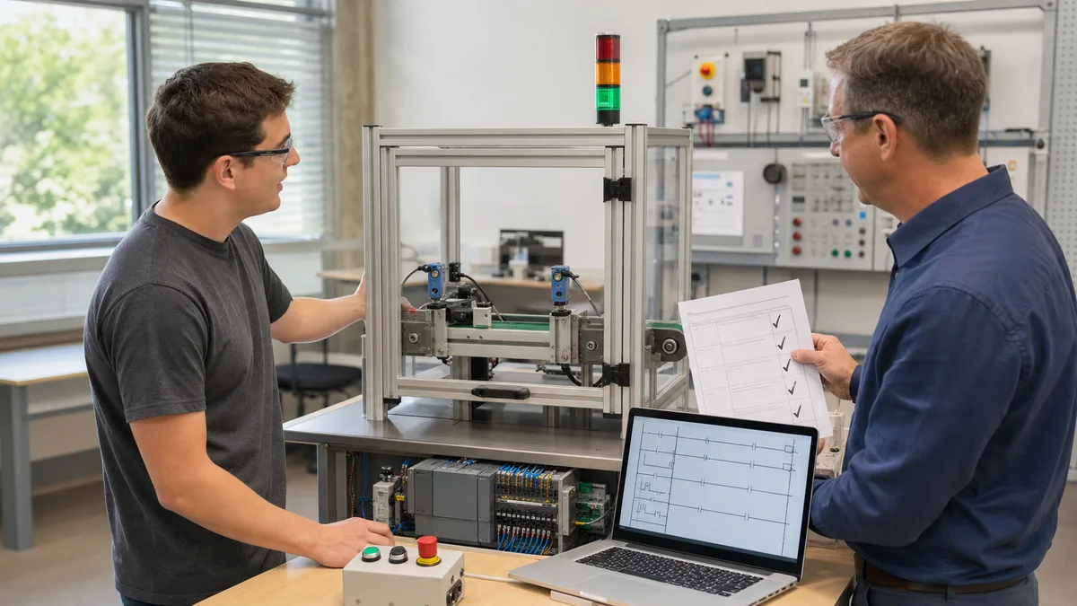 Learner presenting a guarded PLC capstone cell with sensors, operator controls, generic controller, stack light, laptop logic, and a mentor witnessing acceptance tests