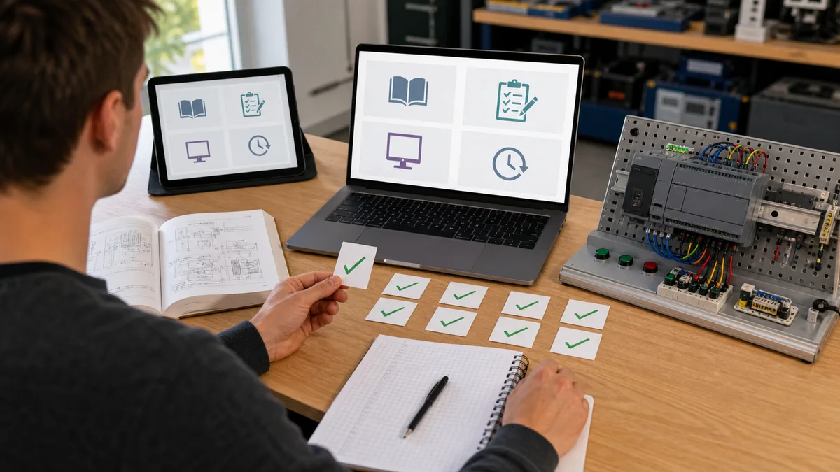 Learner comparing PLC course formats beside a generic training rack using manuals, laptops, a notebook, and evidence cards for theory, exercises, simulator access, and currency