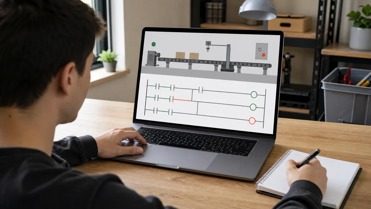 Learner practising an unlabeled conveyor scenario and ladder logic on a laptop at home without a physical PLC, using simple run and fault feedback