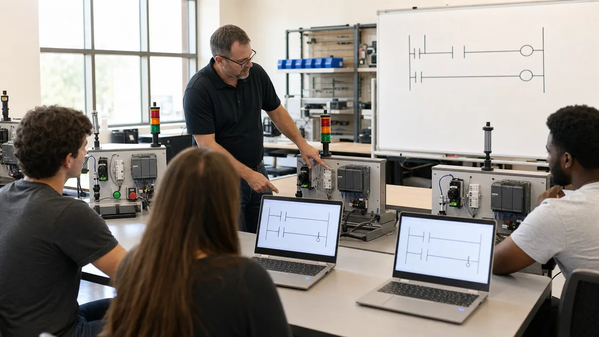 Instructor teaching adult learners how pushbuttons and sensors become ladder-logic conditions on safe generic PLC training stations