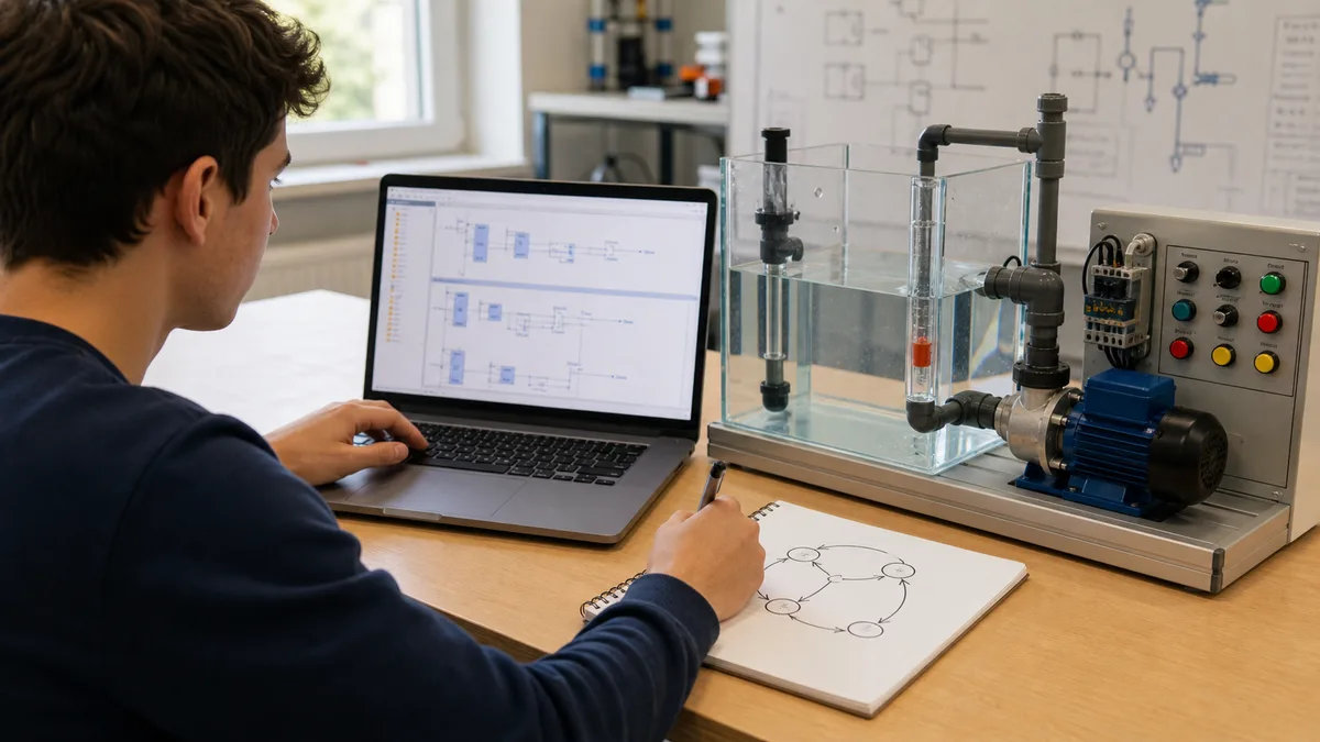 Learner testing reusable PLC control behavior on a generic tank-and-pump trainer while comparing software logic with a hand-drawn state model