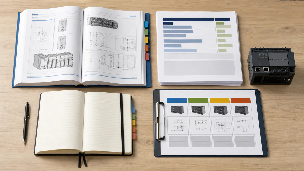 Top-down review of a current PLC manual, release evidence, course outline, notebook, and generic controller used to check source, version, exercise, and limitation claims