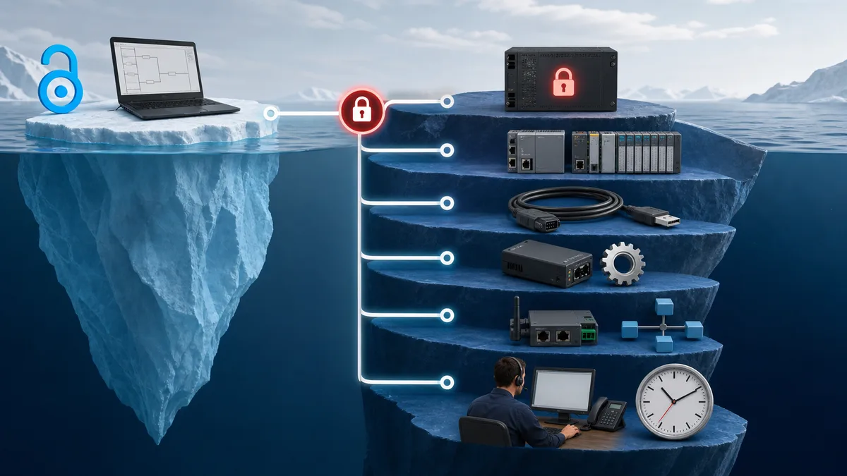 Iceberg-style cost path showing a no-cost engineering editor above separate runtime, target hardware, cable, add-on, support and commissioning requirements.