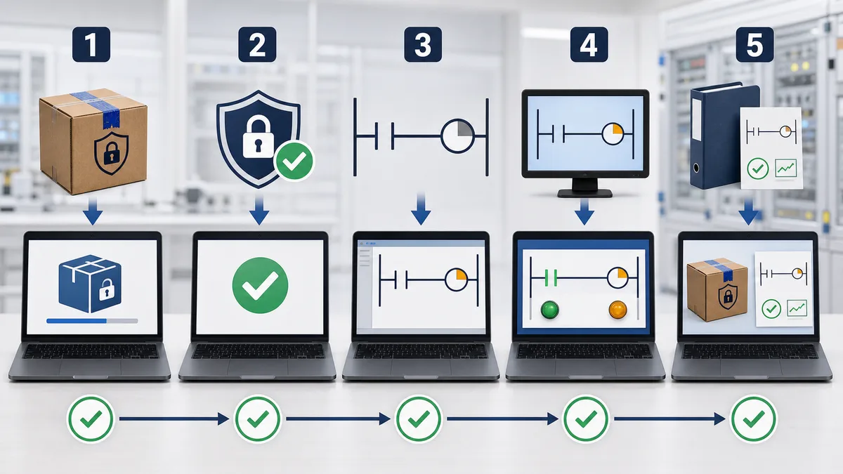 Five-stage generic PLC software installation validation covering trusted package, security check, small ladder build, isolated simulation and archived evidence.