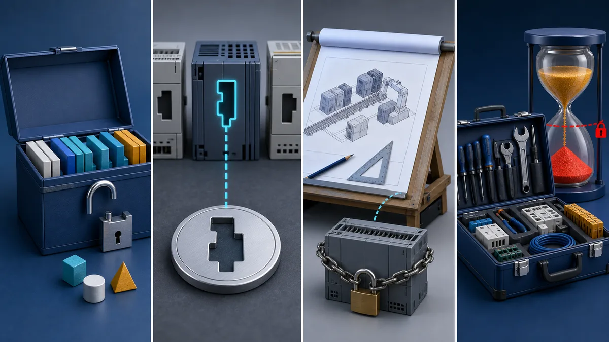 Four-panel licensing model comparison using open-source access, controller-family scope, separately locked runtime and time-limited trial metaphors.