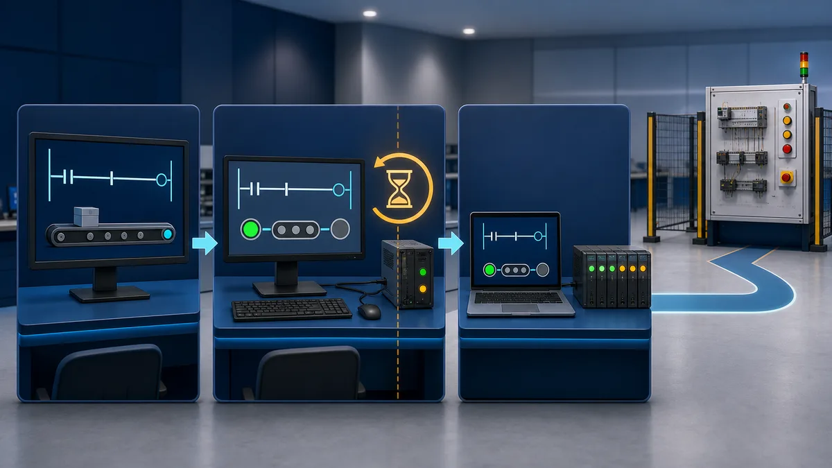 Three no-hardware PLC learning paths using a browser scenario, local software controller and controller-family simulator before a later guarded hardware checkout.