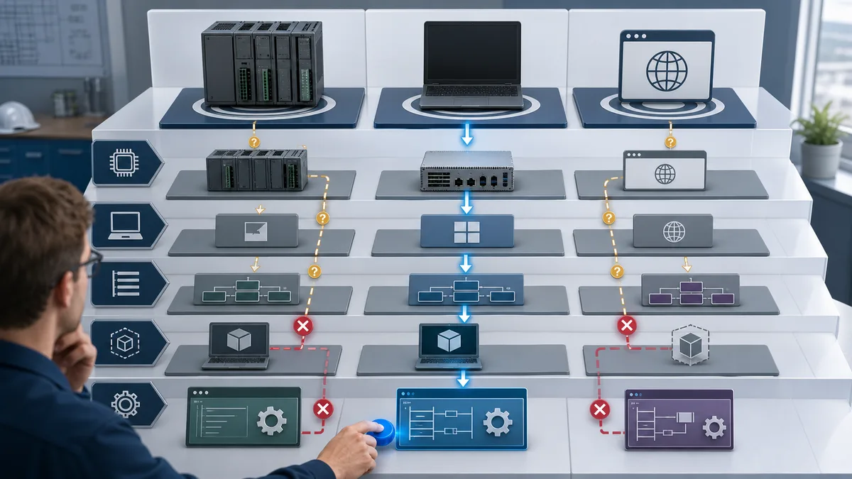 Target-first software selection board matching physical PLC, soft controller and browser learning outcomes to compatible runtime, operating system and engineering paths.