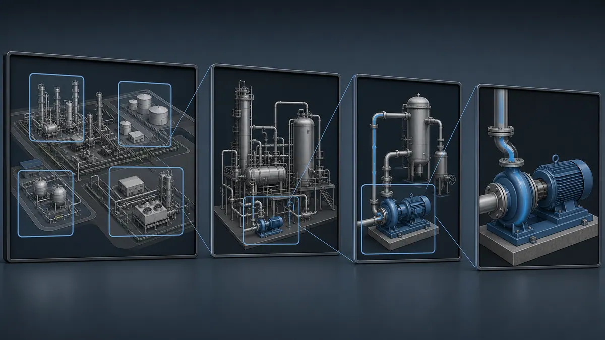 Four-level HMI display hierarchy progressing from plant overview to area, equipment detail and diagnostic displays