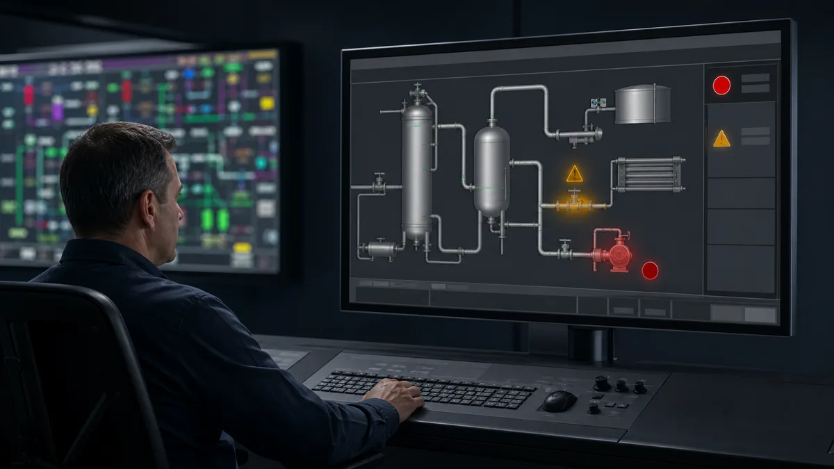 Side-by-side industrial HMI display comparison showing a disciplined high-performance layout and a cluttered decorative layout