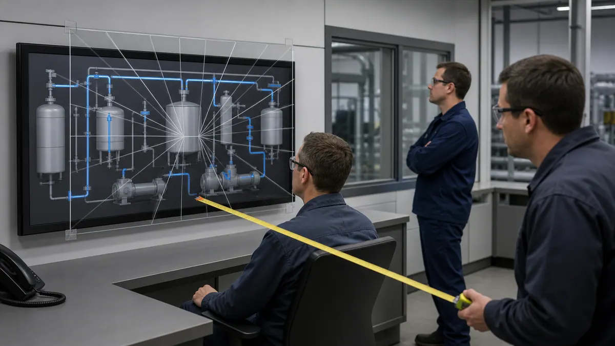 Industrial HMI legibility test at realistic operator viewing distances with text, alarm and touch-target checks