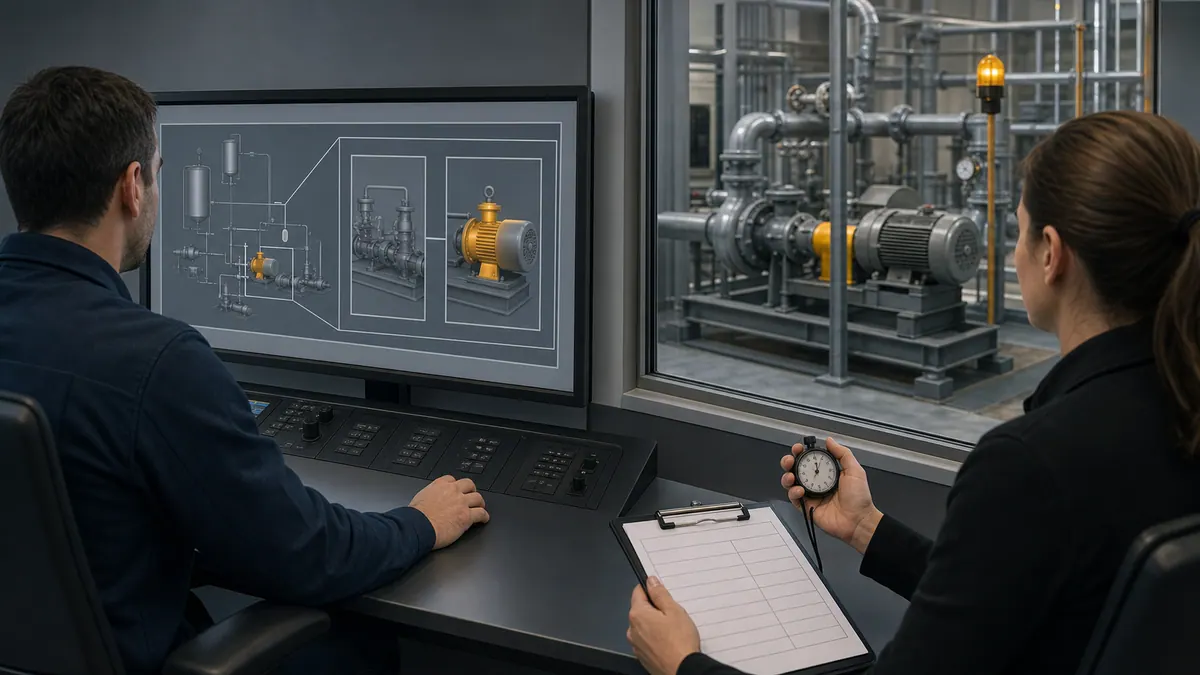 Operator testing two HMI software candidates on the same abnormal process scenario while an observer records recognition time, navigation and errors