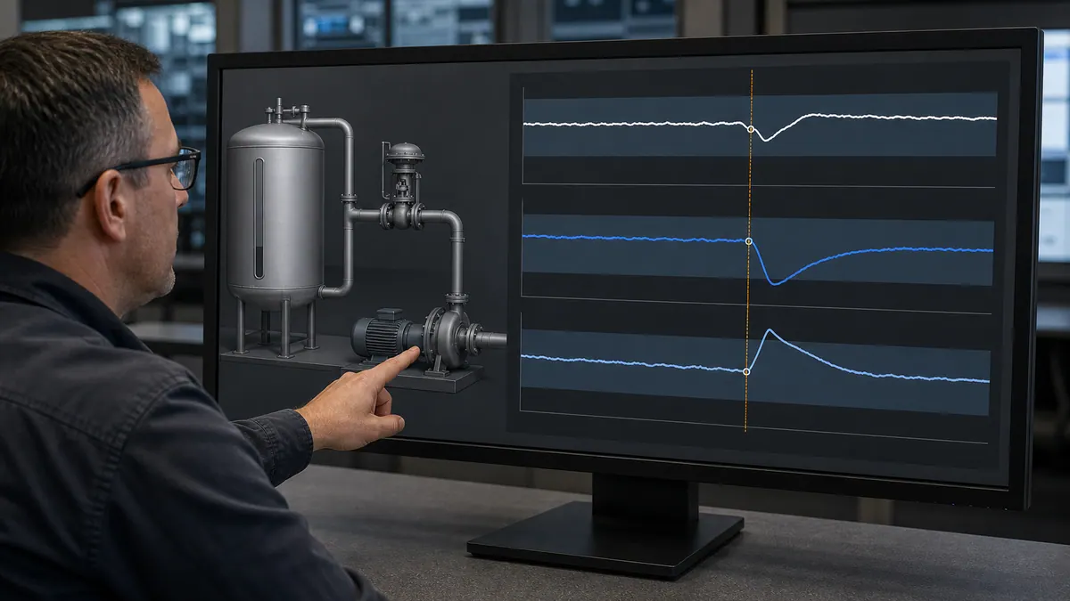 HMI diagnostic trend with process value, setpoint, output, alarm state, data quality and event context aligned on one timeline